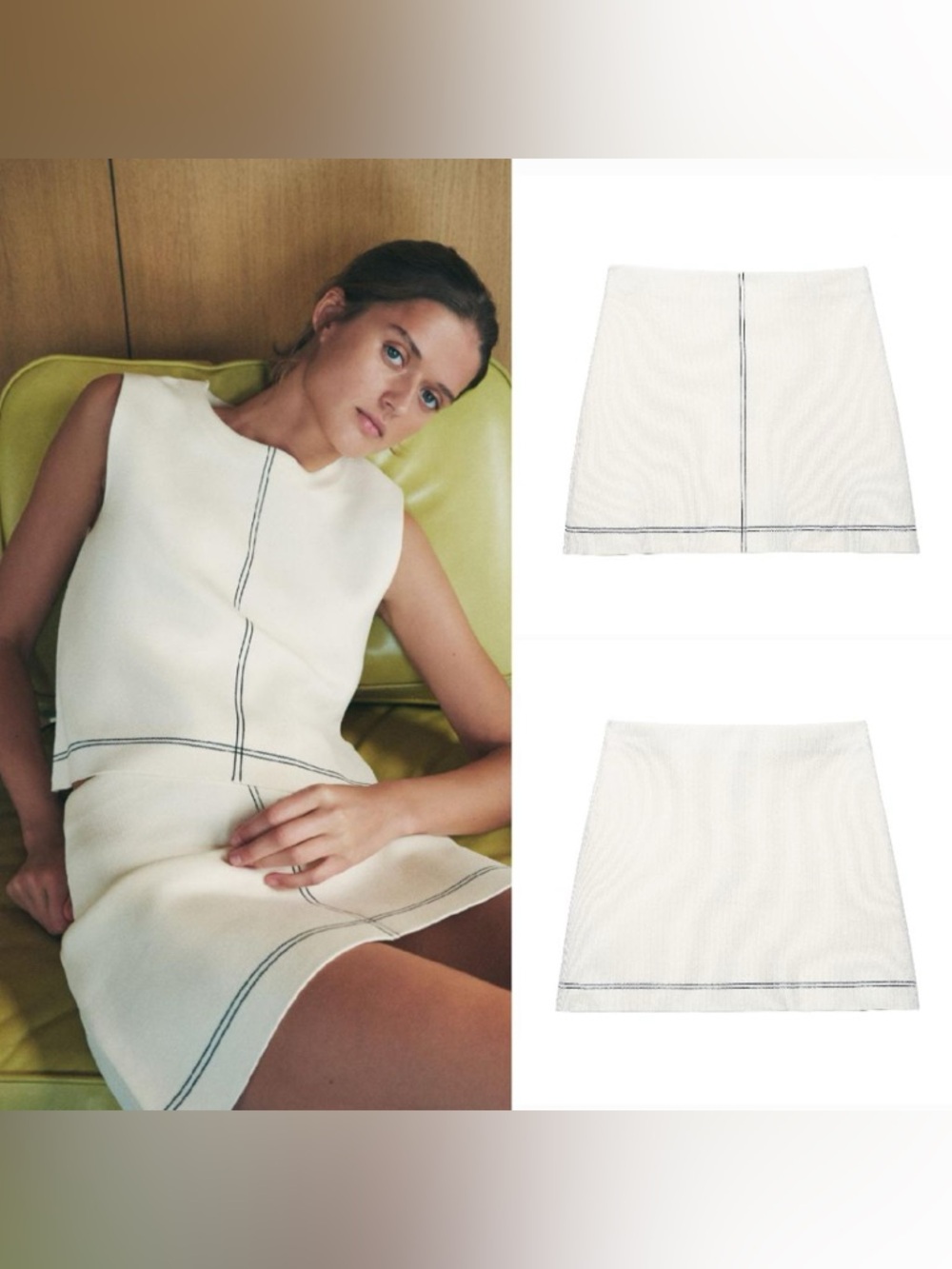 Zara Cream Knit Mini Skirt Contrast Stitch Trim Size Medium